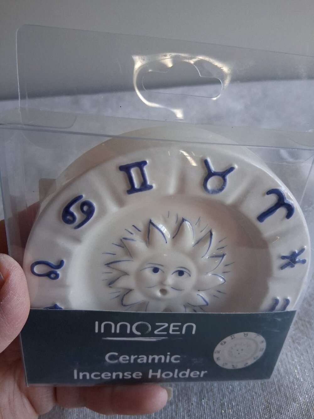 Zodiac Sun Face Incense Stick Holder Ceramic Blue White Astrology celestial